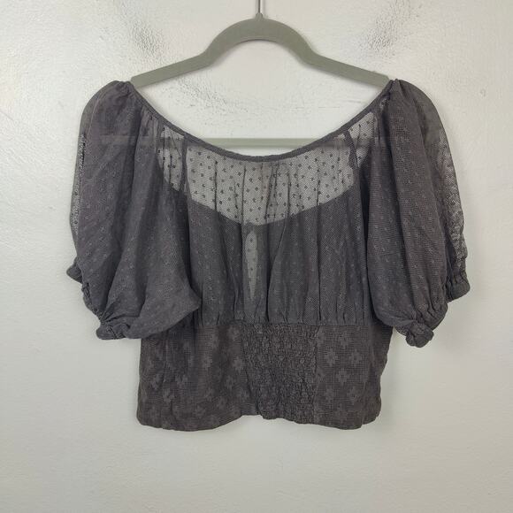 Free People Heartstrings Puff Sheer Crop Top Womens Small Soft Black Lace - Picture 4 of 8